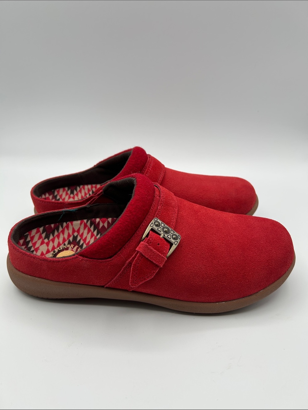 REVITALIGN (WIDE, 9D) Ashley Desert Red Suede Slip-On Clogs with Buckle Accent - Picture 7 of 16